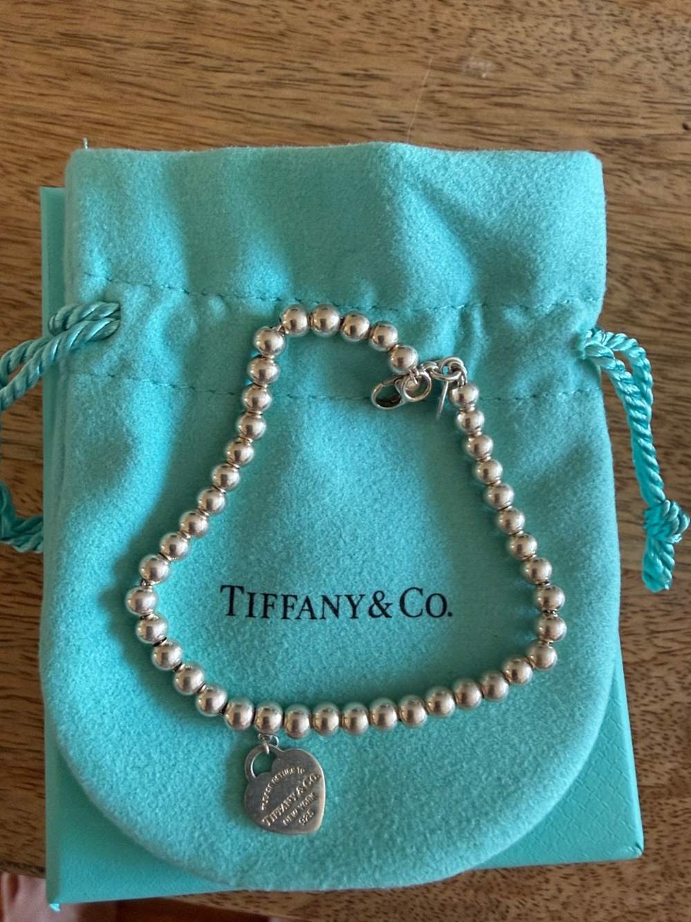Tiffany & Co. Silver Beaded Bracelet with Heart Tag on Tiffany Blue Pouch